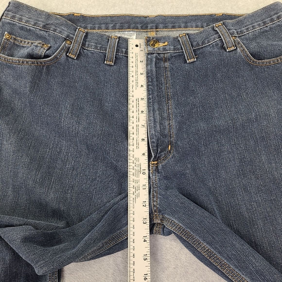 Carhart Men's Blue Denim Jeans Big Relaxed Fit Work Pants 44x32 Leg Hems Clipped - Picture 9 of 16